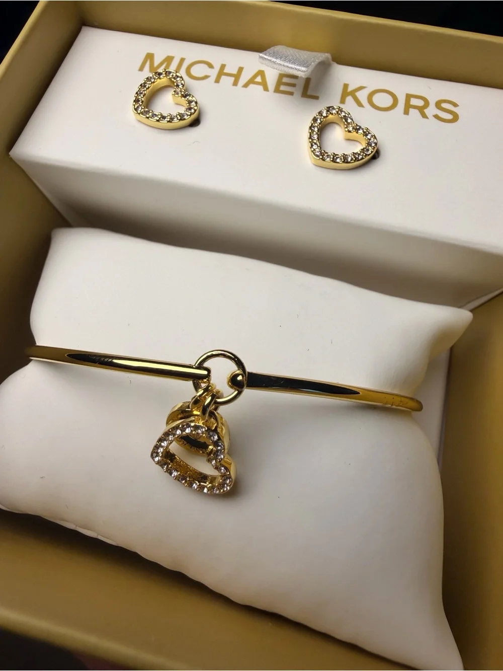 Michael Kors Gold Heart Charm Bangle with Crystal Heart Studs